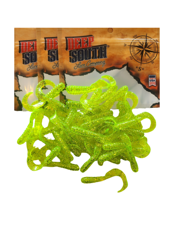 Image of a package of chartreuse bass fishing plastic jigs