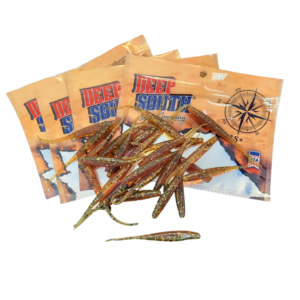 Image of a package of motor oil colored plastic fishing lures