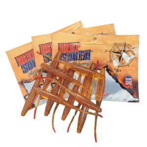 Image of a package of rootbeer colored plastic fishing lures